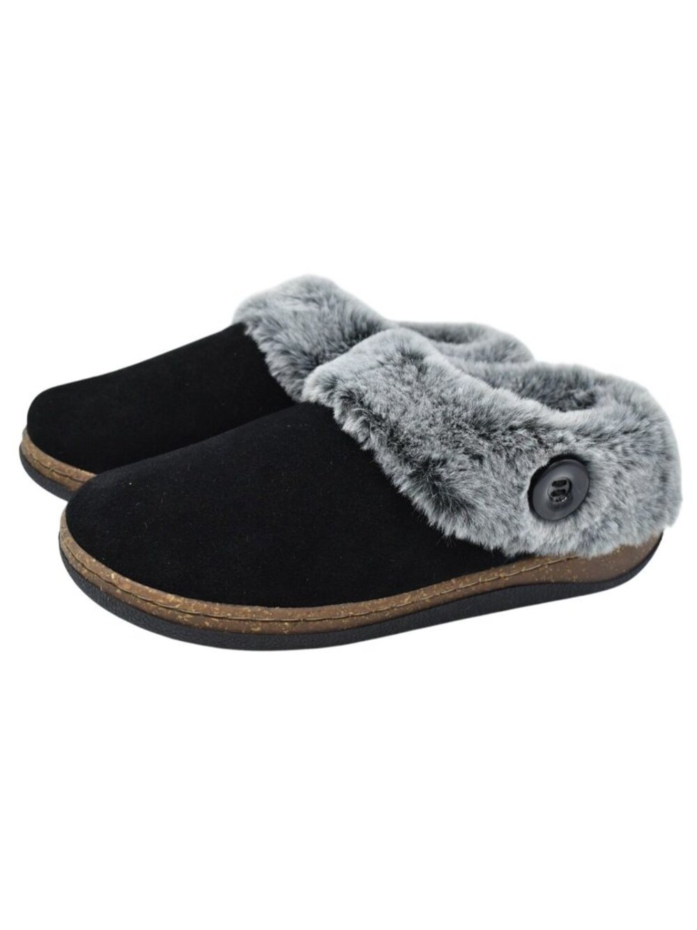 Clarks Womens Size 7 Faux-Fur Collar Black Moc Lined Slip On‎ Slipper Shoes